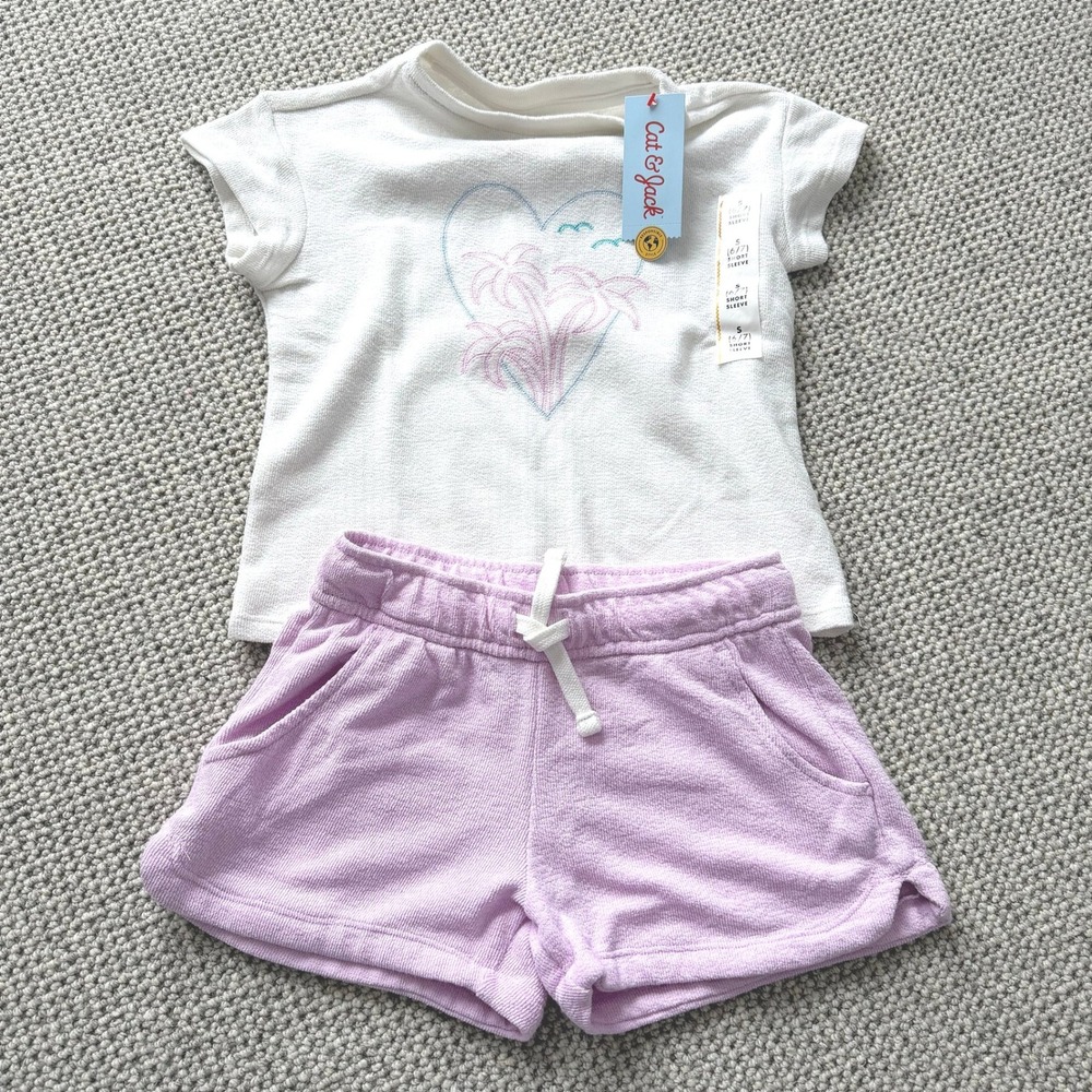 Cat & Jack Girls 2pc Set‎ Cream Palm Tree Heart Top Purple Shorts S 6/7 NEW
